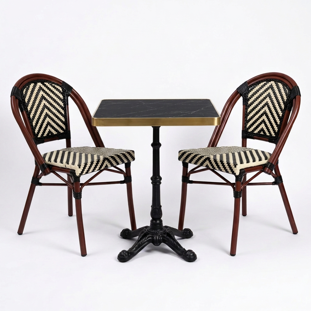Pack Mesa Parisina cuadrada negra de 70 cm con dos Sillas Parisinas Espiga negro y beige, estructura Caoba