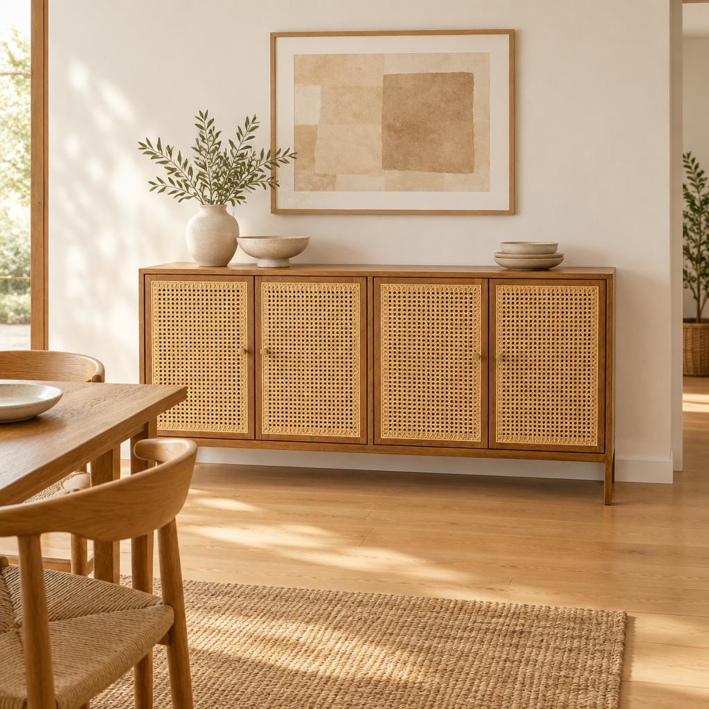 Rack Duduk de cuatro puertas tejido natural ambientado como aparador en un comedor