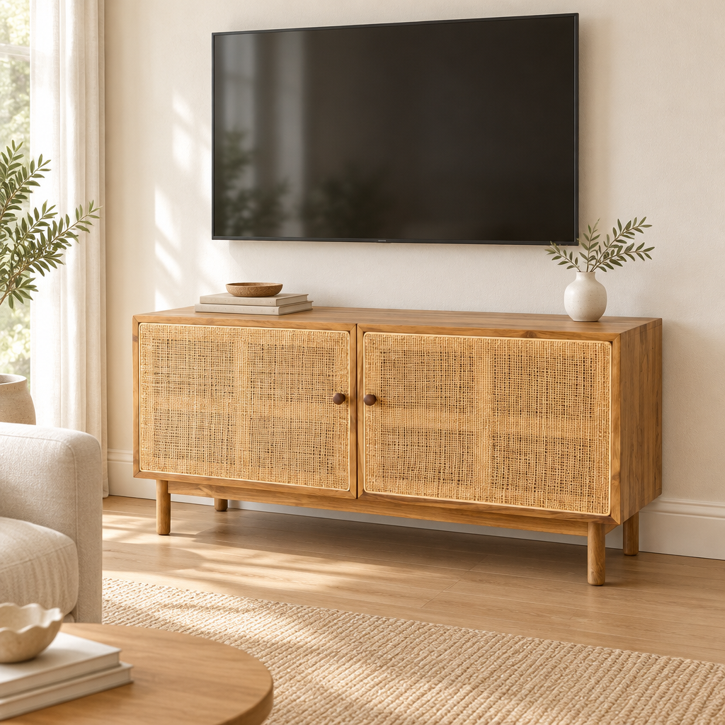 Rack Lihat de madera natural y dos puertas tejidas ambientado en un living