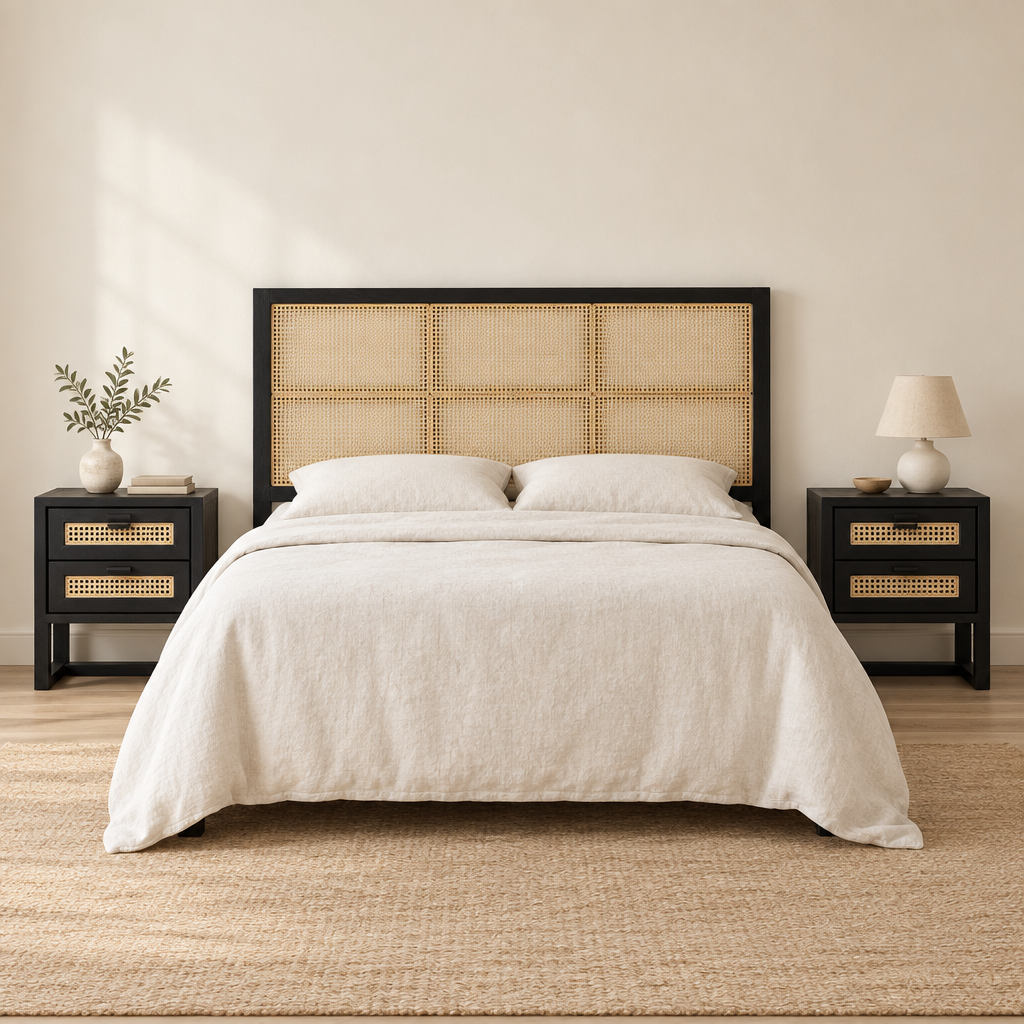 Respaldo de cama negro con junco natural ambientado en dormitorio con cama y dos veladores Tidur