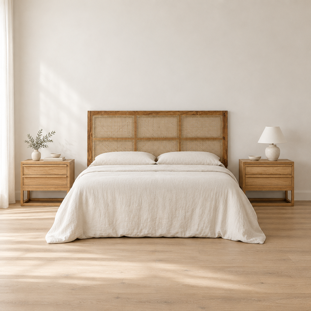 Dormitorio con respaldo marco natural y veladores Jalan, encuadre amplio