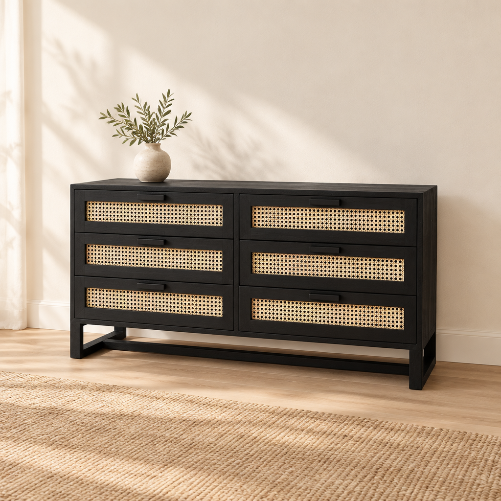 Buffet Beli antracita de seis cajones con junco natural ambientado sin otros muebles