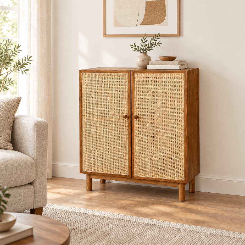 Cabinet Kami de dos puertas en madera natural y tejido de junco, ambientado en un living
