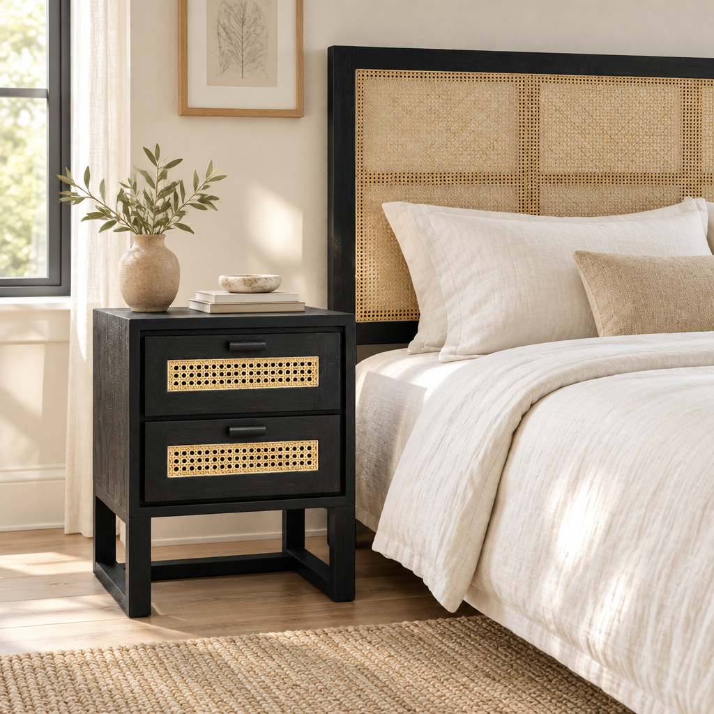 Velador Tidur negro con junco natural junto a cama y respaldo negro, con acercamiento moderado