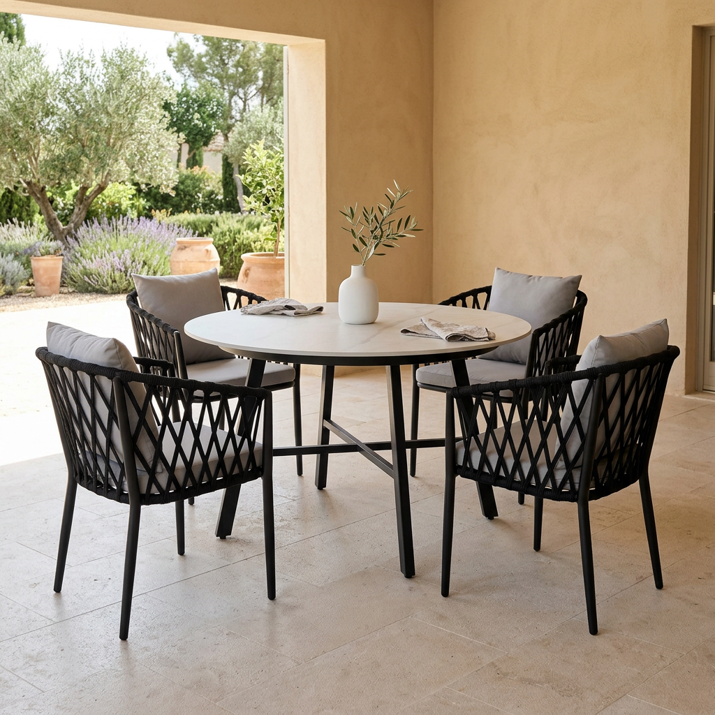 Juego de Comedor Piedra con cuatro Sitiales Cuerda