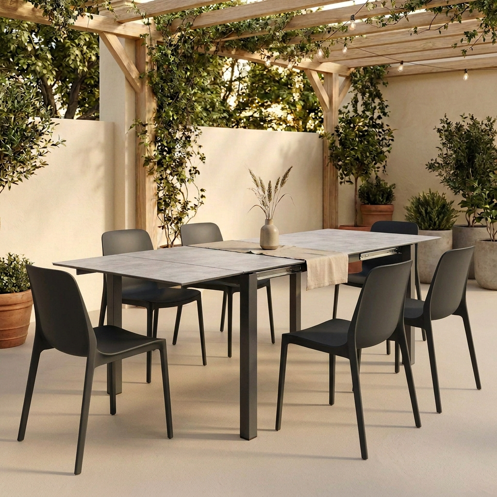 Mesa extensible Pranzo Concreto con seis sillas Ginebra negras en terraza acogedora