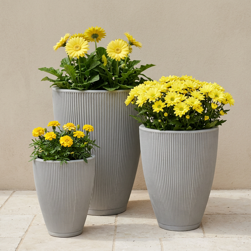 Trío Maceta Terra Cónica Gris con flores amarillas