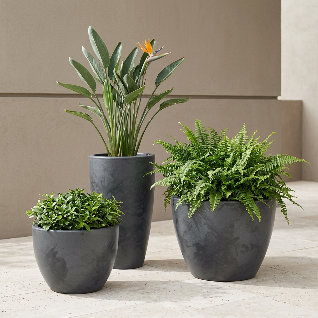 Tres macetas grafito con plantas