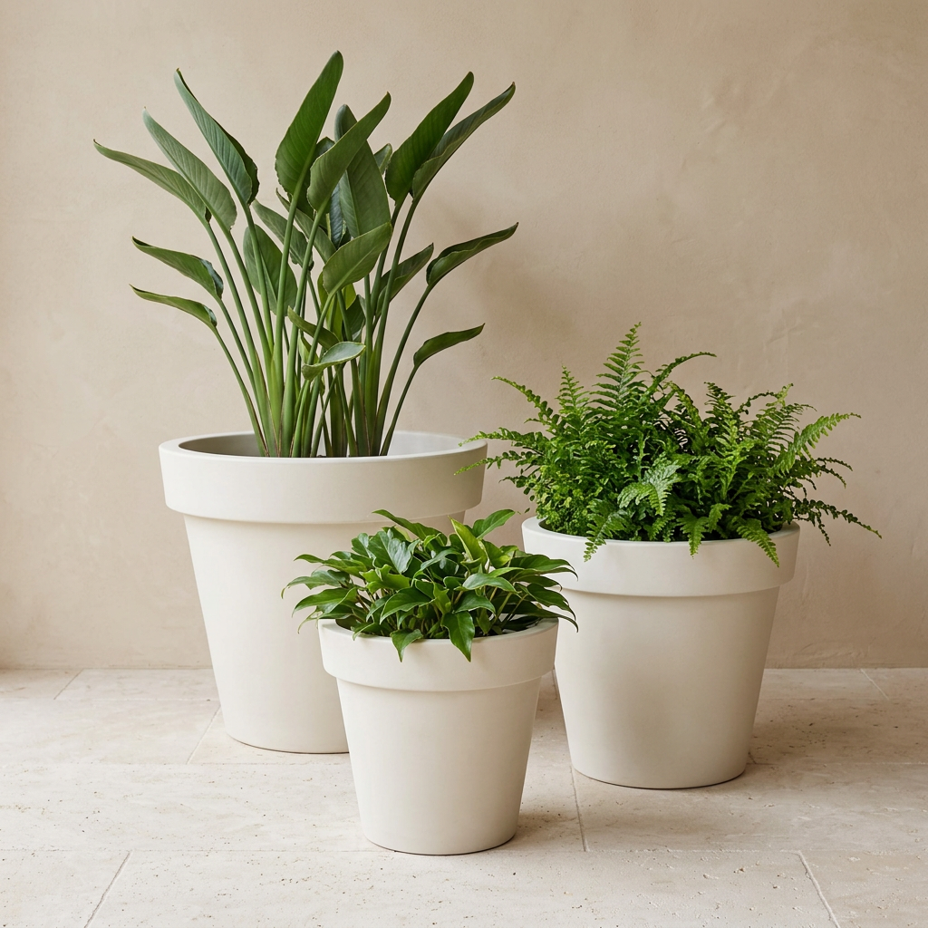 Tres macetas Sampa Blanco Roto con plantas verdes