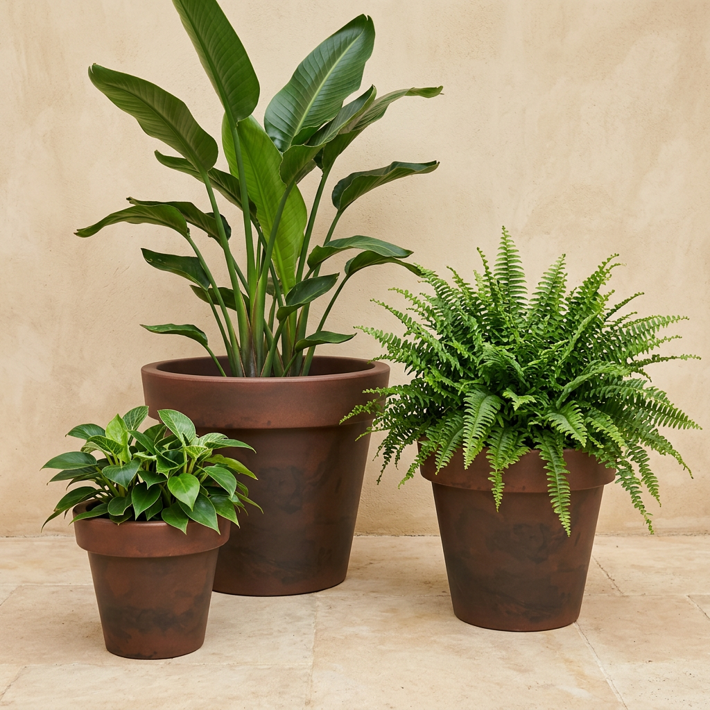 Tres macetas Sampa Caoba con plantas verdes