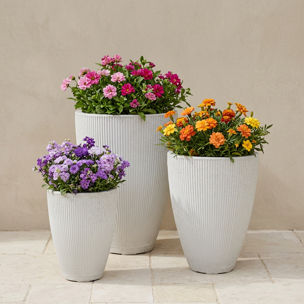 Tres macetas Terra Blanco Roto con flores de colores
