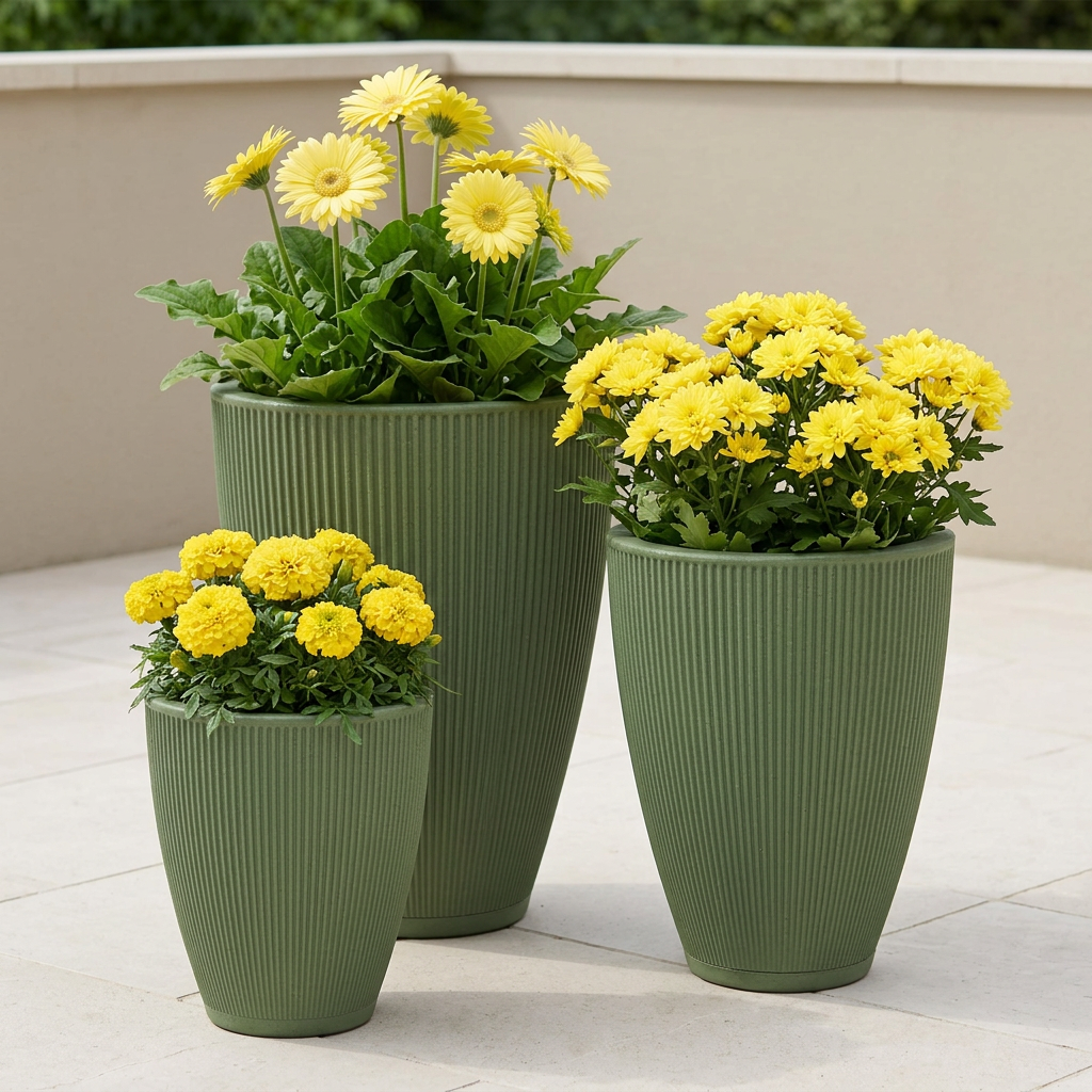 Tres macetas Terra Cónica Verde con flores amarillas