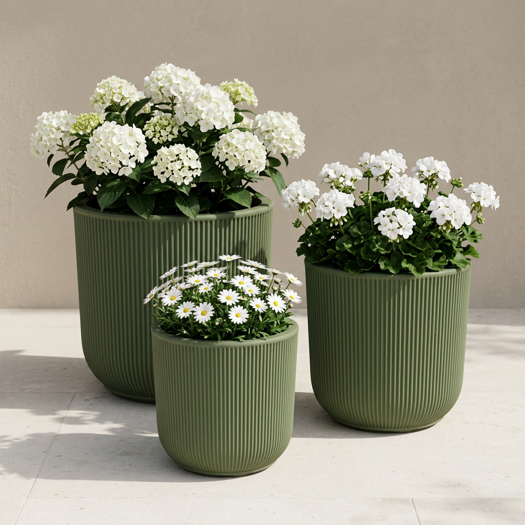 Trío Maceta Terra Cilíndrica Verde con flores blancas