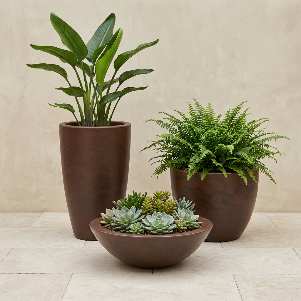 Tres macetas Vento Caoba con plantas