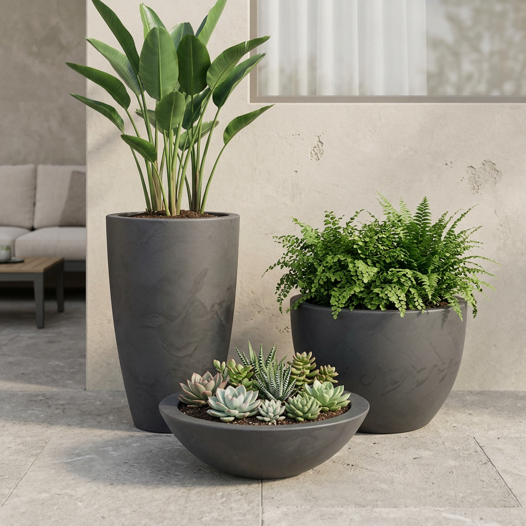 Tres macetas Vento Grafito con plantas